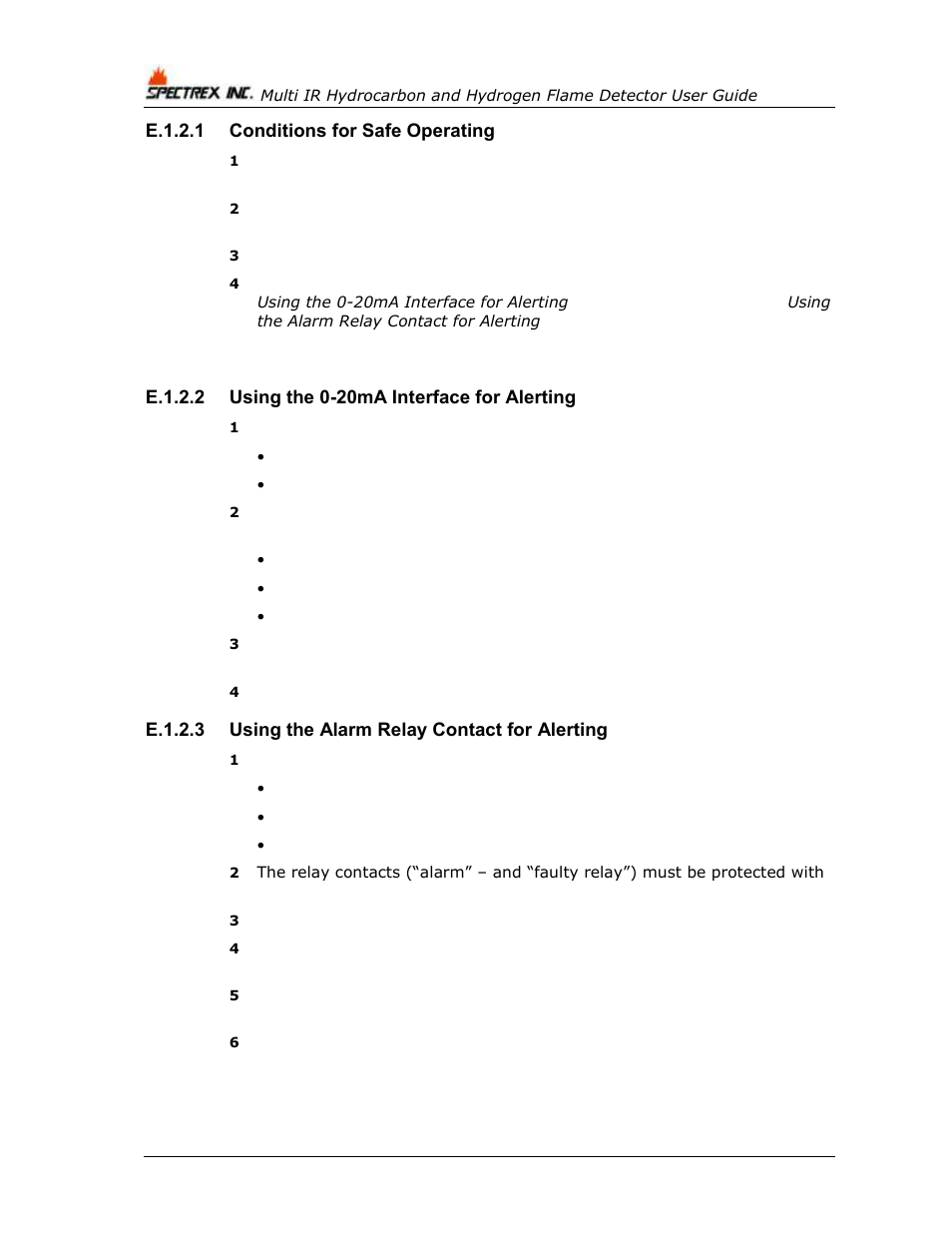 E.1.2.1 conditions for safe operating, E.1.2.2 using the 0-20ma interface for alerting, E.1.2.3 using the alarm relay contact for alerting | Spectrex 40/40M Multi IR Flame Detector User Manual | Page 78 / 80