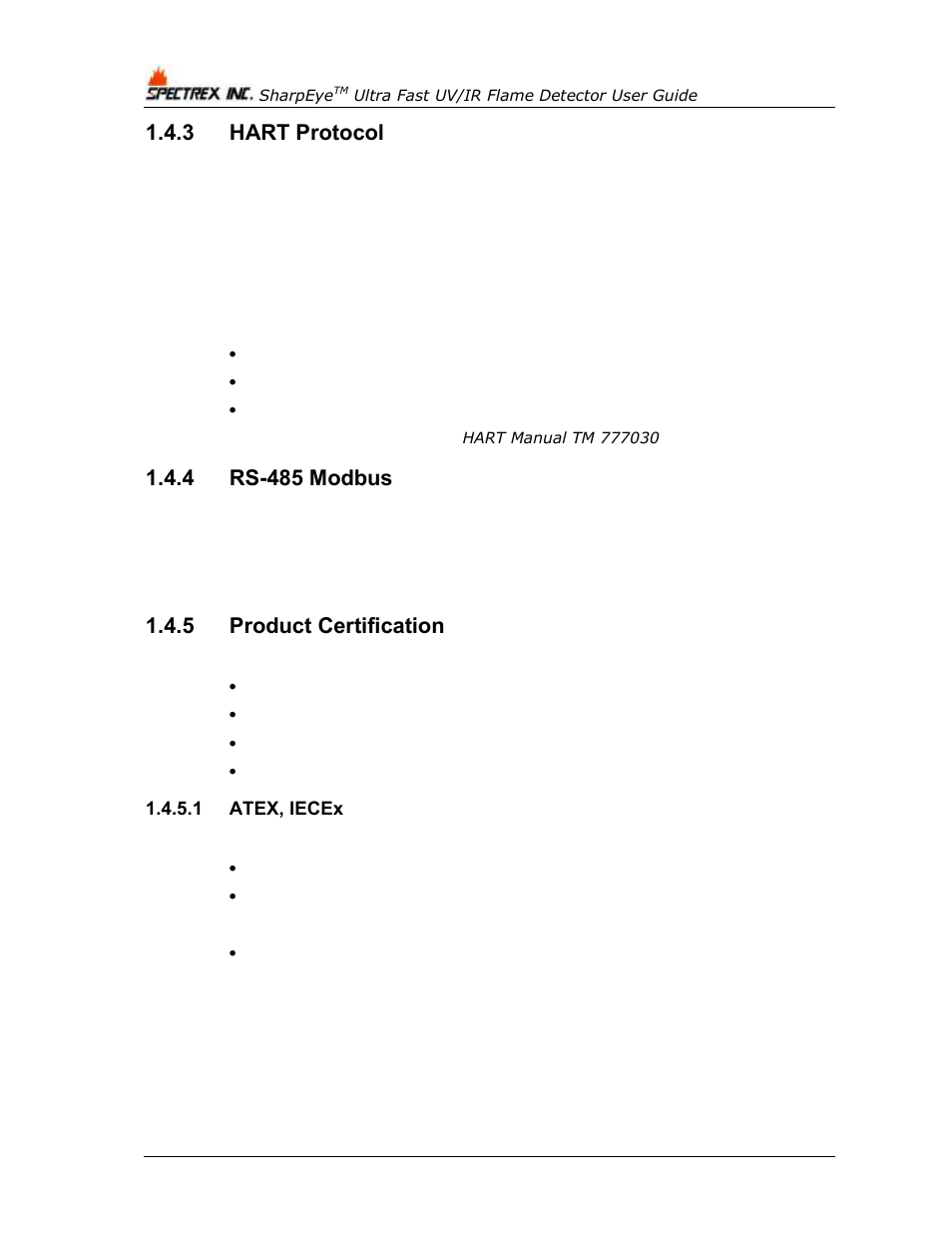 3 hart protocol, 4 rs-485 modbus, 5 product certification | 1 atex, iecex, Hart protocol, Rs-485 modbus, Product certification | Spectrex 40/40UFL Ultra Fast UV/IR User Manual | Page 18 / 78