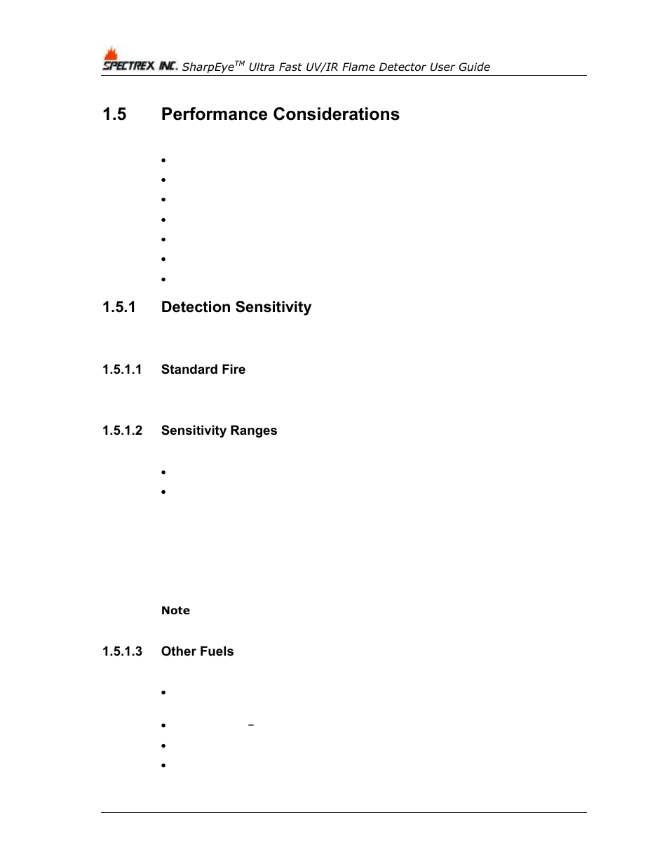 5 performance considerations, 1 detection sensitivity, 1 standard fire | 2 sensitivity ranges, 3 other fuels, Performance considerations, Detection sensitivity | Spectrex 40/40UFL Ultra Fast UV/IR User Manual | Page 20 / 78