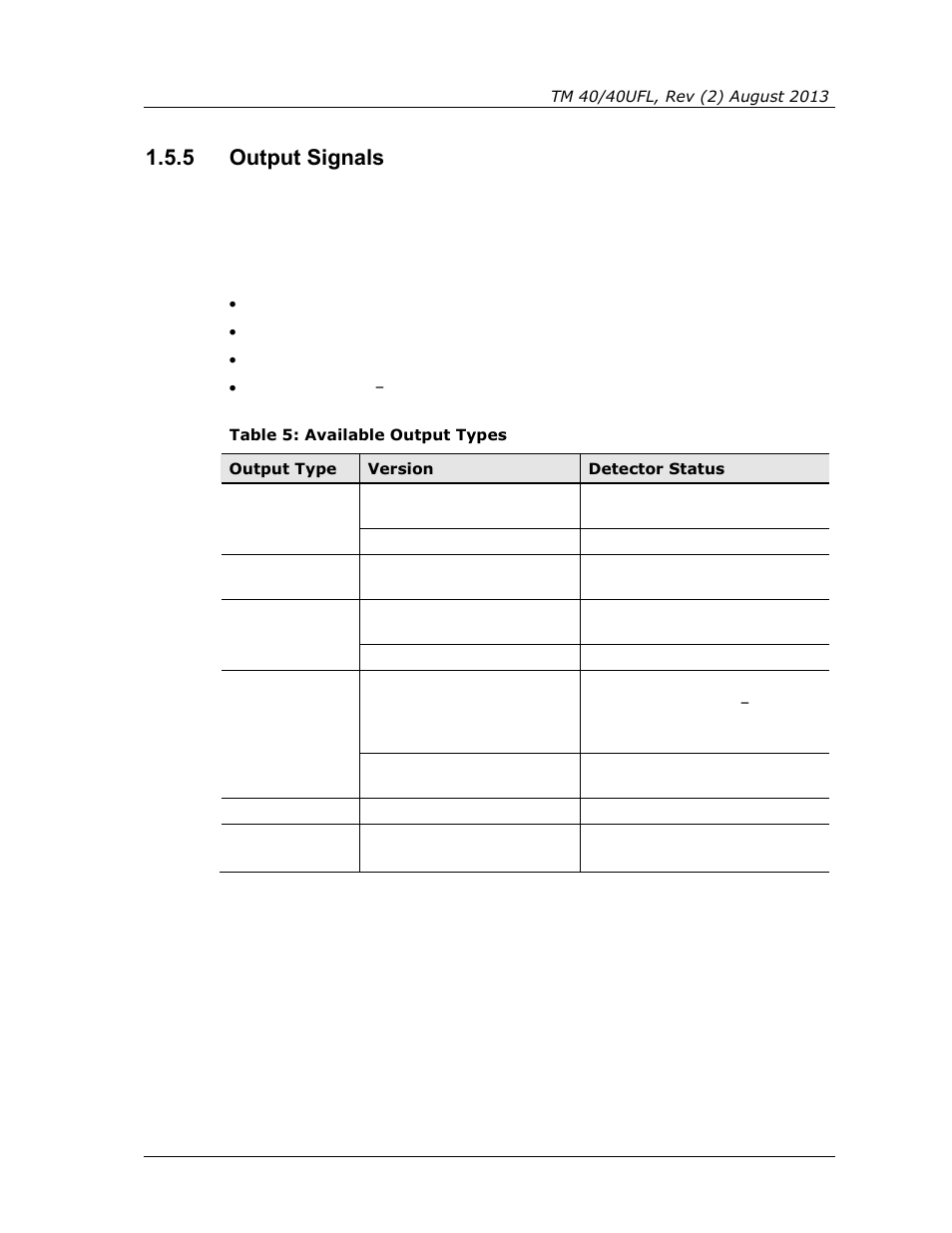 5 output signals, Output signals, Table 5: available output types | Spectrex 40/40UFL Ultra Fast UV/IR User Manual | Page 25 / 78