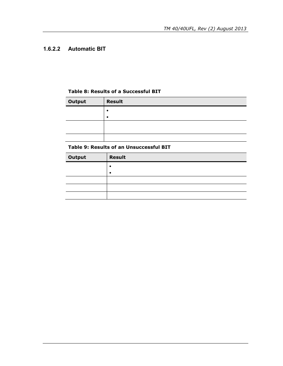 2 automatic bit, Table 8: results of a successful bit, Table 9: results of an unsuccessful bit | Spectrex 40/40UFL Ultra Fast UV/IR User Manual | Page 29 / 78