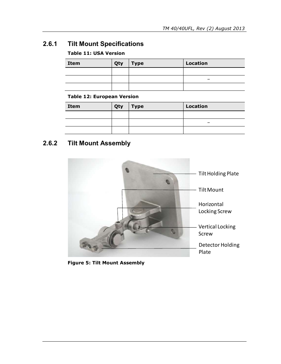 1 tilt mount specifications, 2 tilt mount assembly, Tilt mount specifications | Tilt mount assembly, Figure 5: tilt mount assembly, Table 11: usa version, Table 12: european version | Spectrex 40/40UFL Ultra Fast UV/IR User Manual | Page 37 / 78