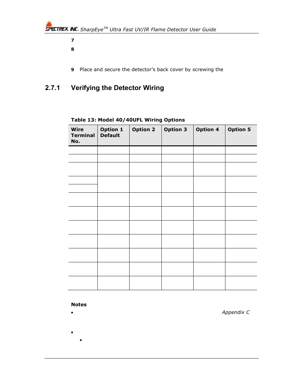 1 verifying the detector wiring, Verifying the detector wiring, Table 13: model 40/40ufl wiring options | Spectrex 40/40UFL Ultra Fast UV/IR User Manual | Page 40 / 78