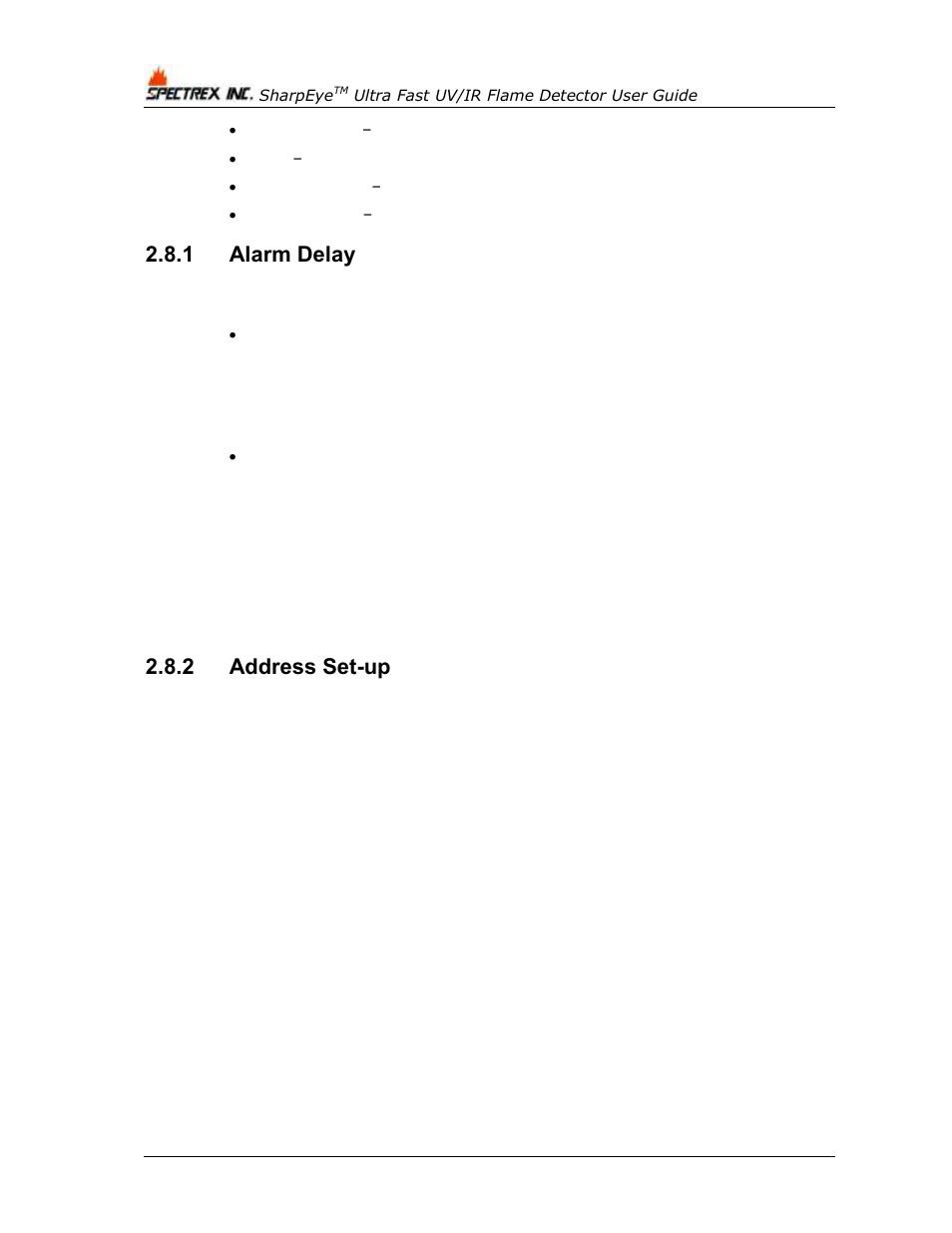 1 alarm delay, 2 address set-up, Alarm delay | Address set-up | Spectrex 40/40UFL Ultra Fast UV/IR User Manual | Page 42 / 78