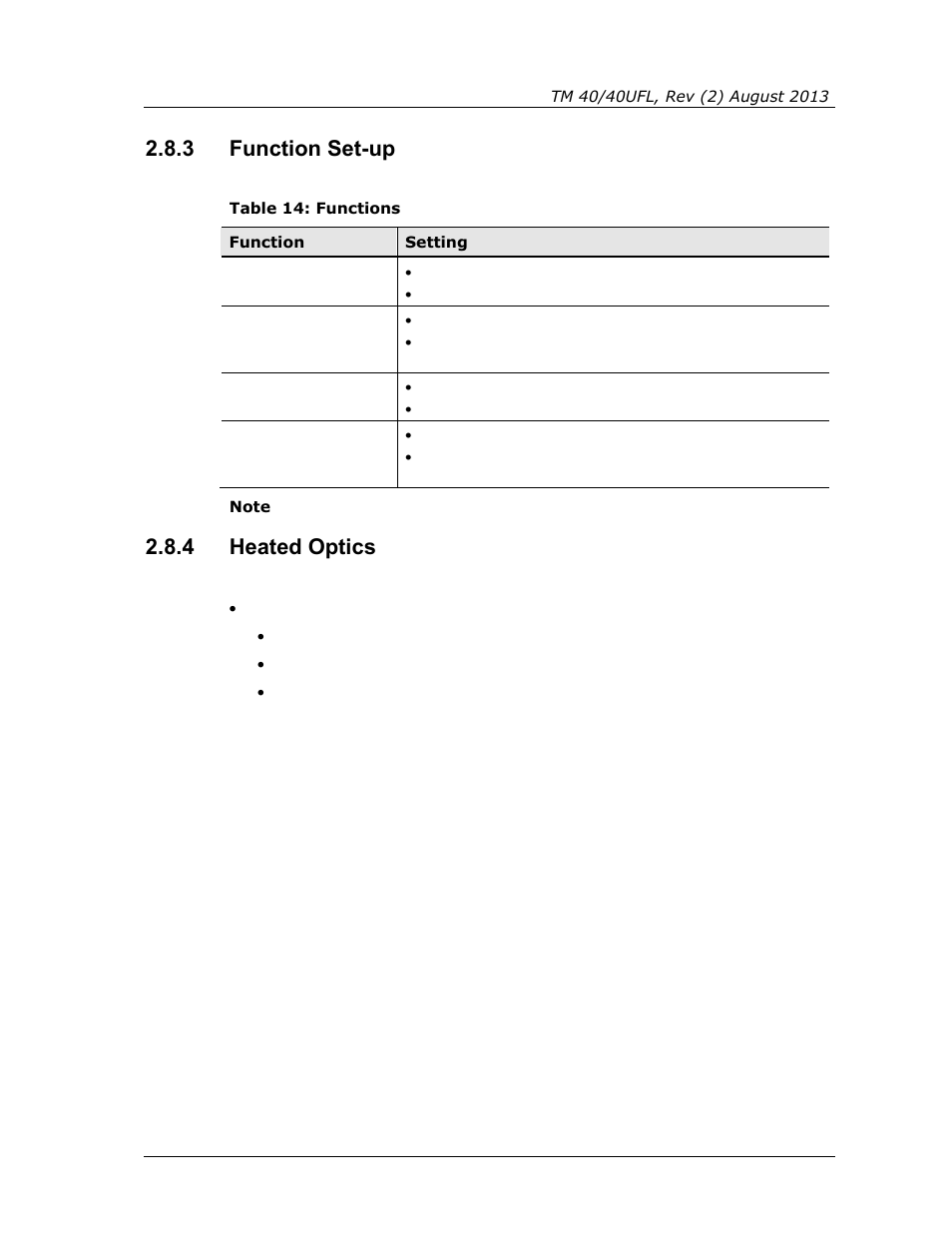 3 function set-up, 4 heated optics, Function set-up | Heated optics, Table 14: functions | Spectrex 40/40UFL Ultra Fast UV/IR User Manual | Page 43 / 78