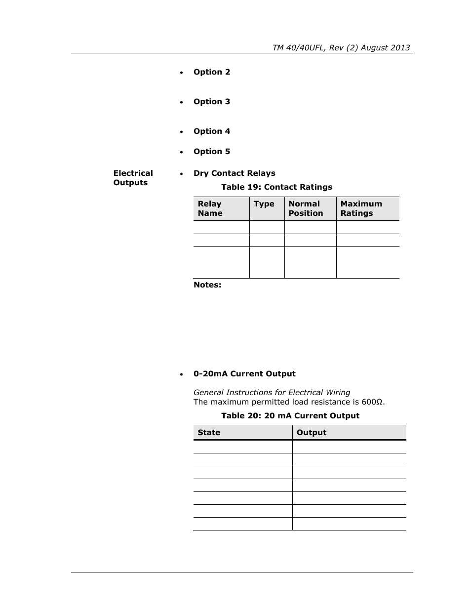 Table 19: contact ratings, Table 20: 20 ma current output | Spectrex 40/40UFL Ultra Fast UV/IR User Manual | Page 57 / 78