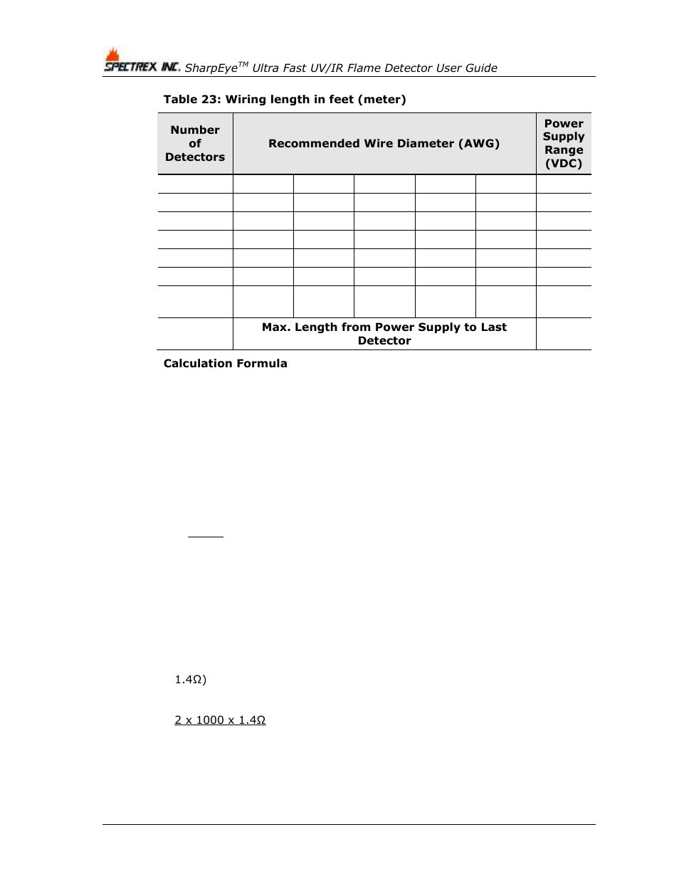 Table 23: wiring length in feet (meter), Table 23 | Spectrex 40/40UFL Ultra Fast UV/IR User Manual | Page 62 / 78