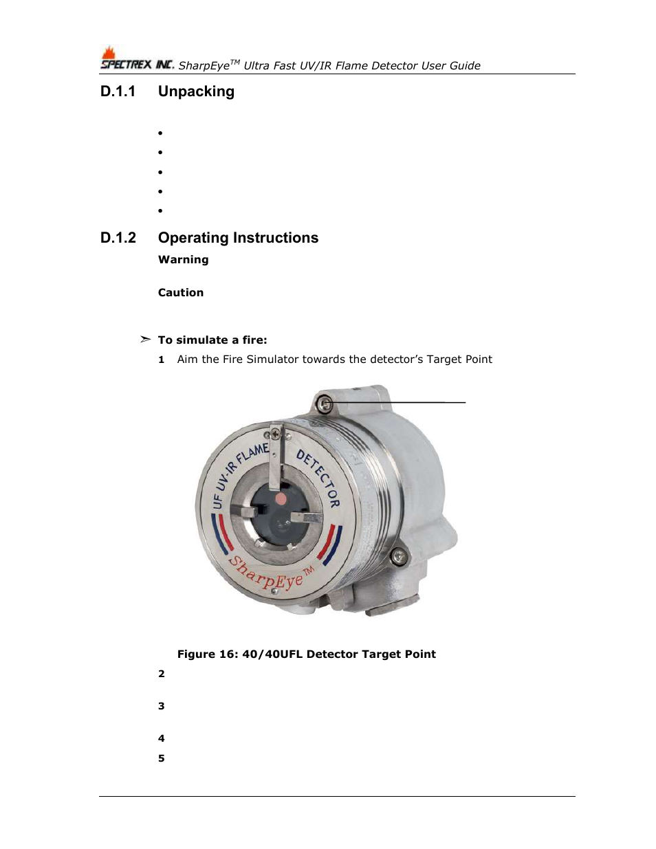 D.1.1, Unpacking, D.1.2 | Operating instructions, Figure 16: 40/40ufl detector target point, D.1.1 unpacking, D.1.2 operating instructions | Spectrex 40/40UFL Ultra Fast UV/IR User Manual | Page 70 / 78