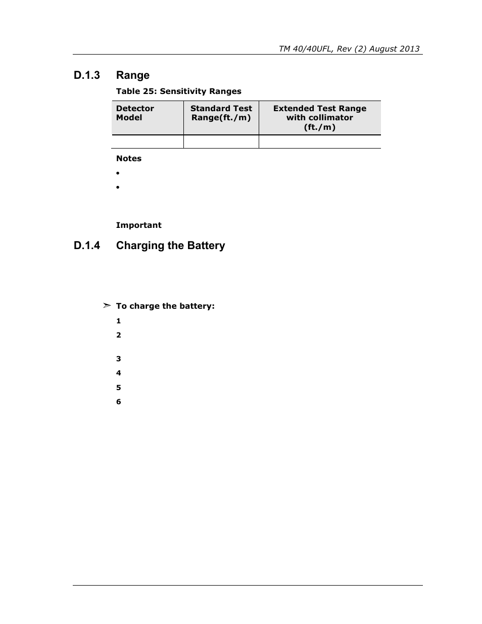 D.1.3, Range, D.1.4 | Charging the battery, Table 25: sensitivity ranges, D.1.3 range, D.1.4 charging the battery | Spectrex 40/40UFL Ultra Fast UV/IR User Manual | Page 71 / 78