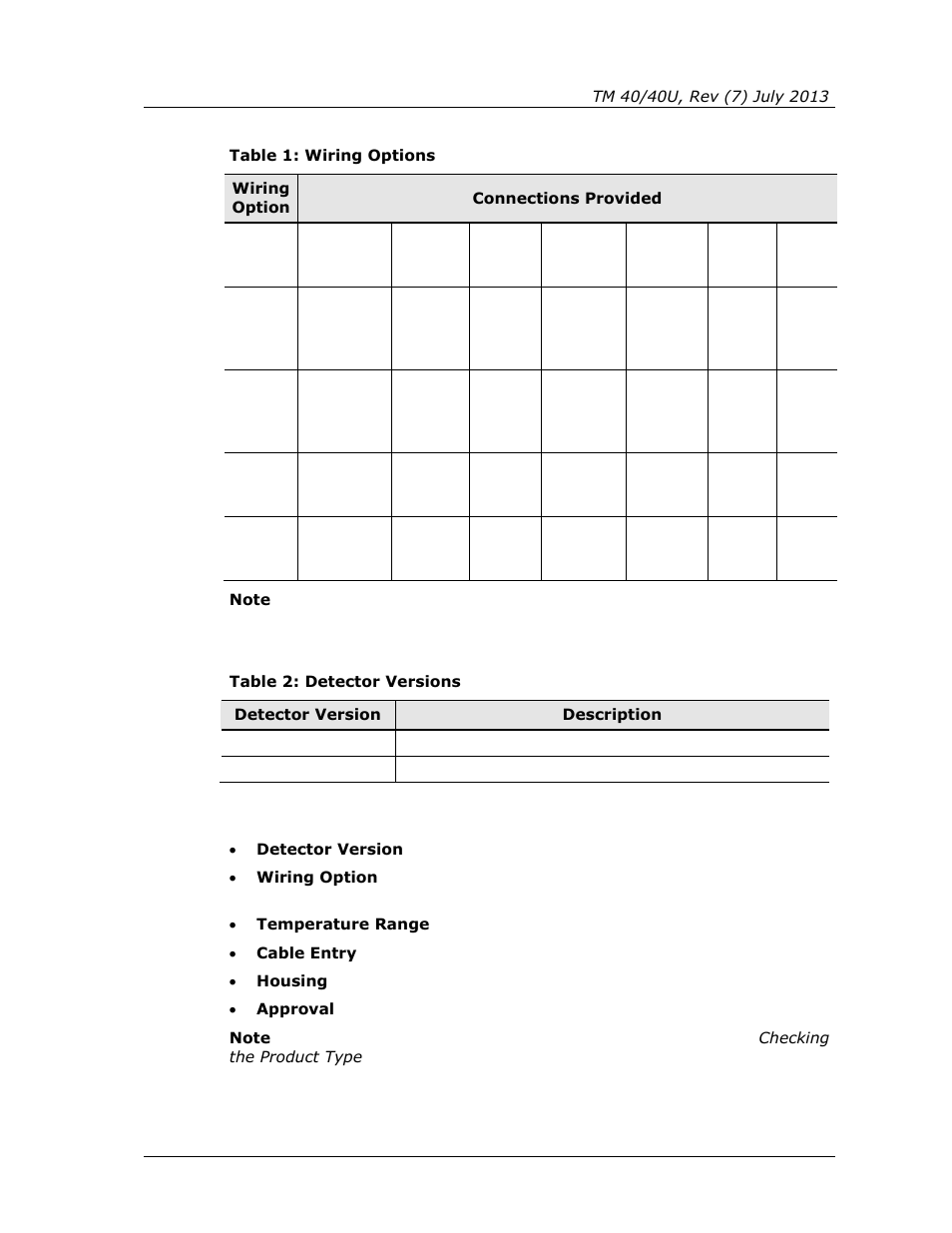 Table 1: wiring options, Table 2: detector versions | Spectrex 40/40U-UB - UV Flame Detector User Manual | Page 15 / 80