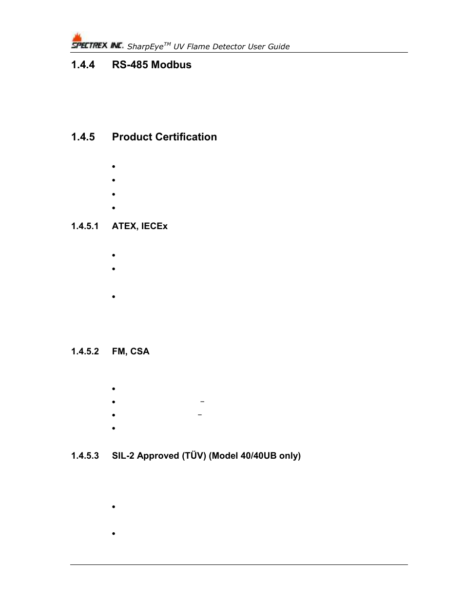 4 rs-485 modbus, 5 product certification, 1 atex, iecex | 2 fm, csa, 3 sil-2 approved (tüv) (model 40/40ub only), Rs-485 modbus, Product certification | Spectrex 40/40U-UB - UV Flame Detector User Manual | Page 18 / 80