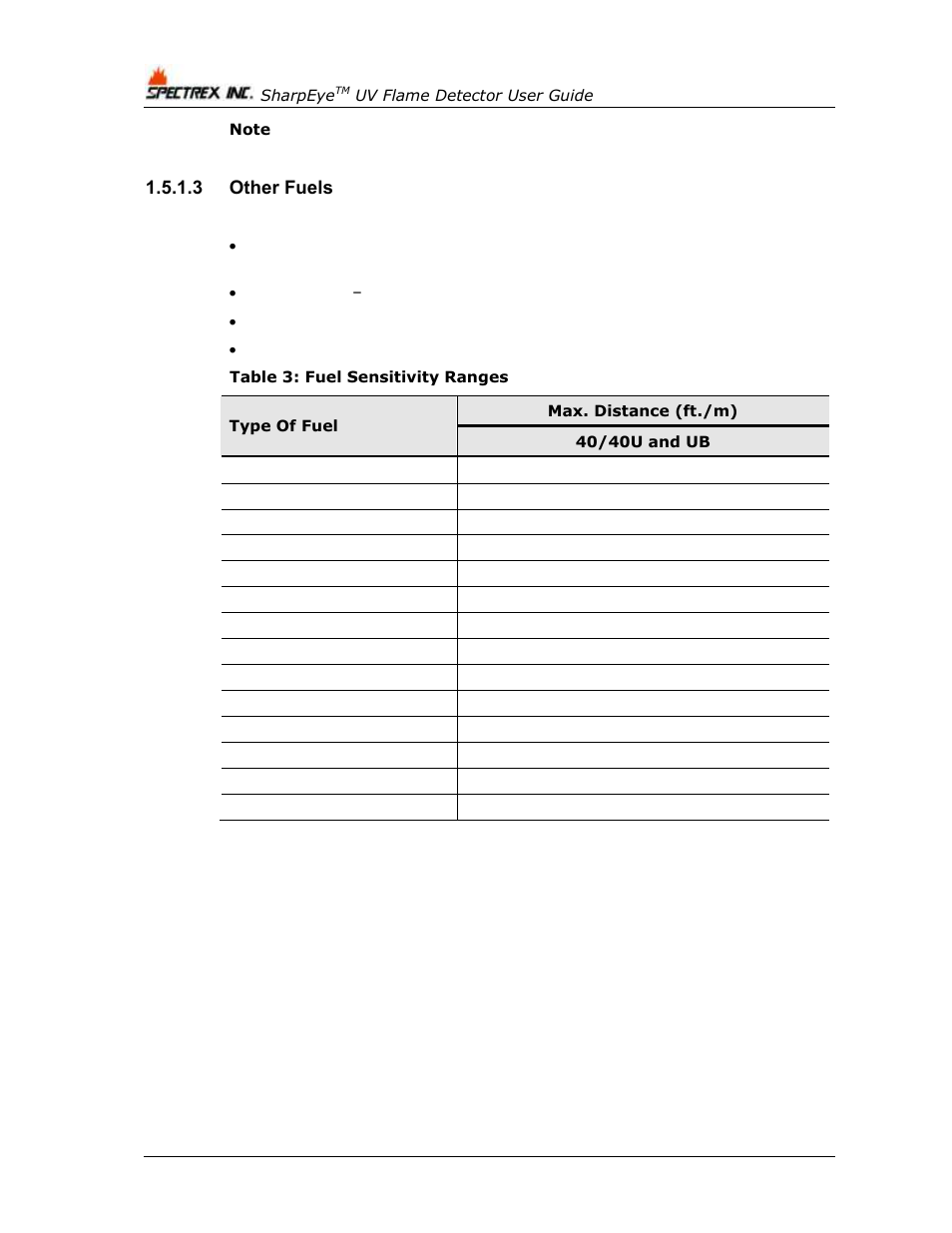 3 other fuels, Table 3: fuel sensitivity ranges | Spectrex 40/40U-UB - UV Flame Detector User Manual | Page 20 / 80