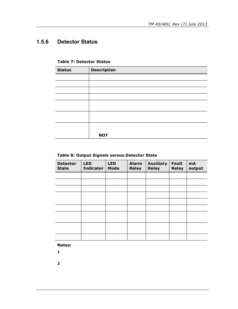 6 detector status, Detector status, Table 7: detector status | Table 8: output signals versus detector state | Spectrex 40/40U-UB - UV Flame Detector User Manual | Page 25 / 80