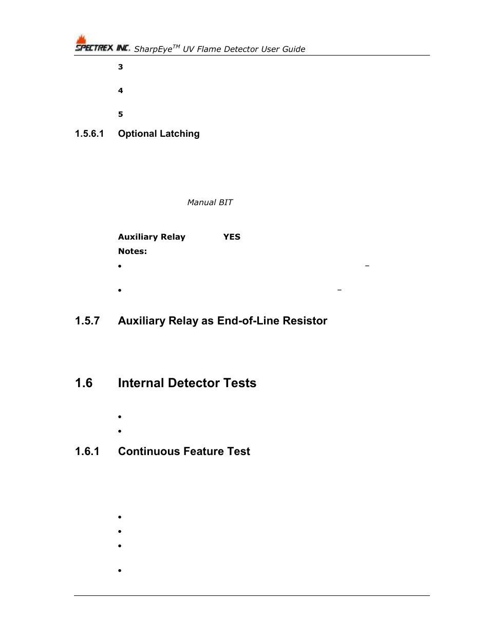 1 optional latching, 7 auxiliary relay as end-of-line resistor, 6 internal detector tests | 1 continuous feature test, Auxiliary relay as end-of-line resistor, Internal detector tests, Continuous feature test | Spectrex 40/40U-UB - UV Flame Detector User Manual | Page 26 / 80