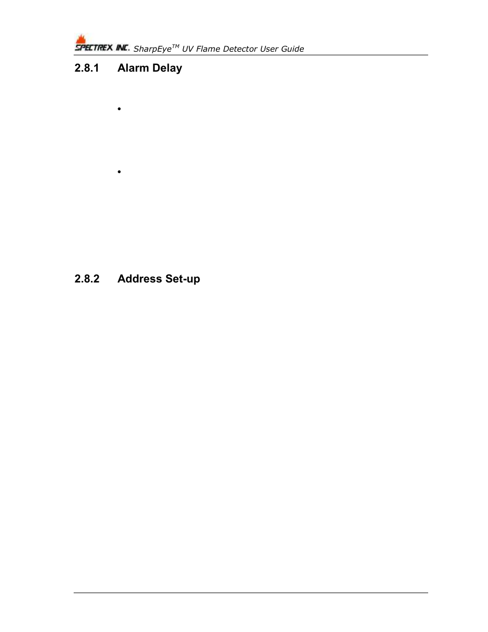 1 alarm delay, 2 address set-up, Alarm delay | Address set-up | Spectrex 40/40U-UB - UV Flame Detector User Manual | Page 42 / 80