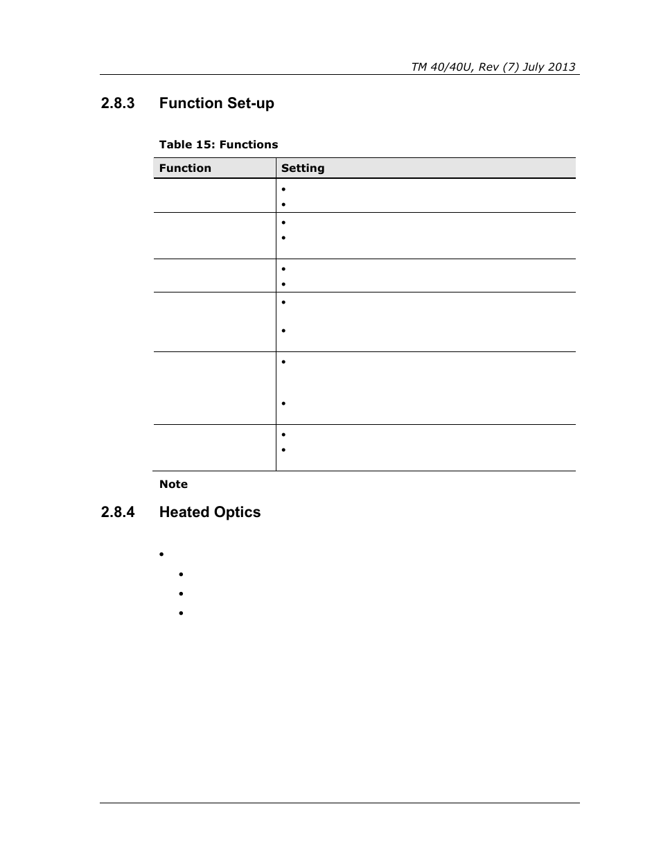 3 function set-up, 4 heated optics, Function set-up | Heated optics, Table 15: functions | Spectrex 40/40U-UB - UV Flame Detector User Manual | Page 43 / 80