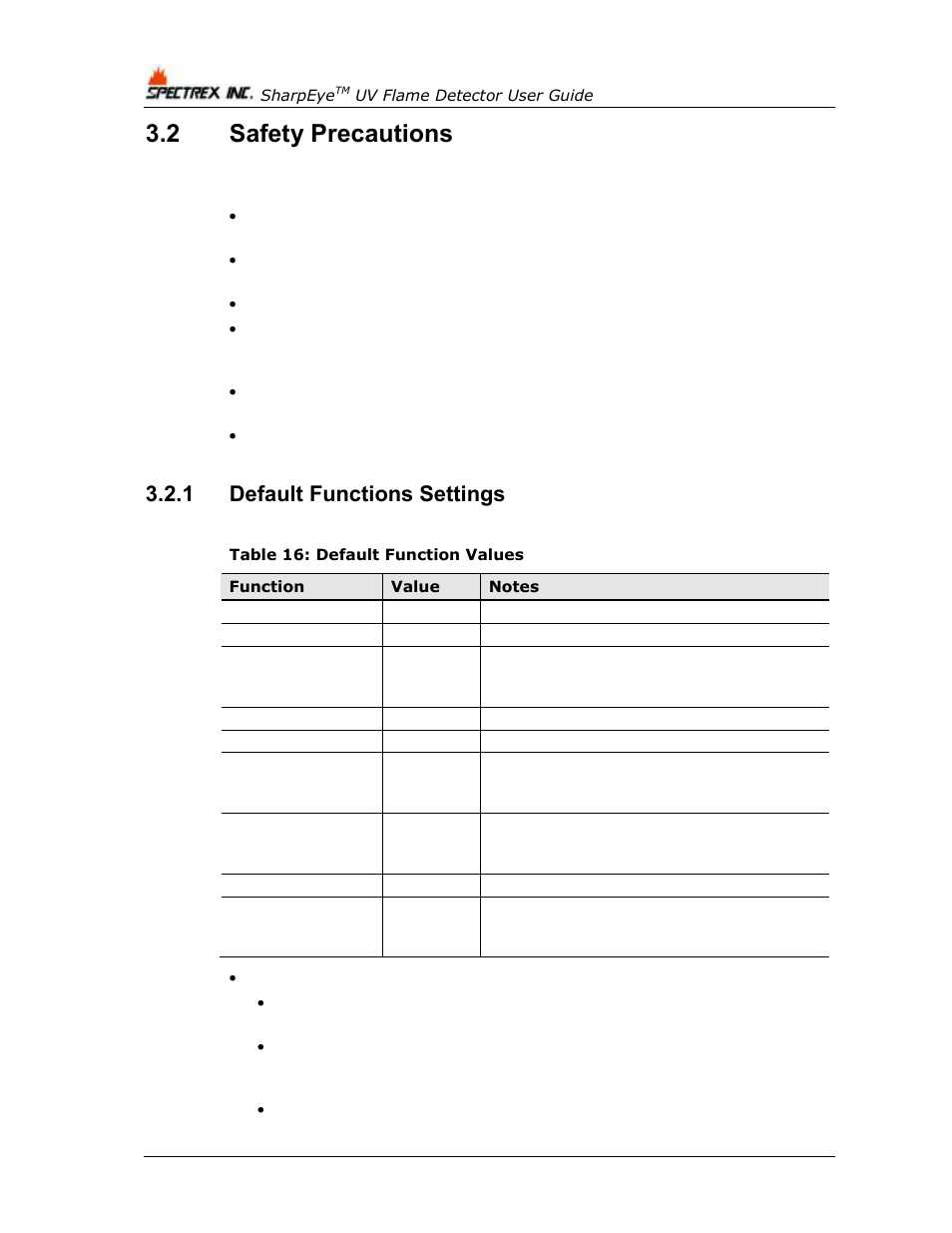 2 safety precautions, 1 default functions settings, Safety precautions | Default functions settings, Table 16: default function values | Spectrex 40/40U-UB - UV Flame Detector User Manual | Page 46 / 80