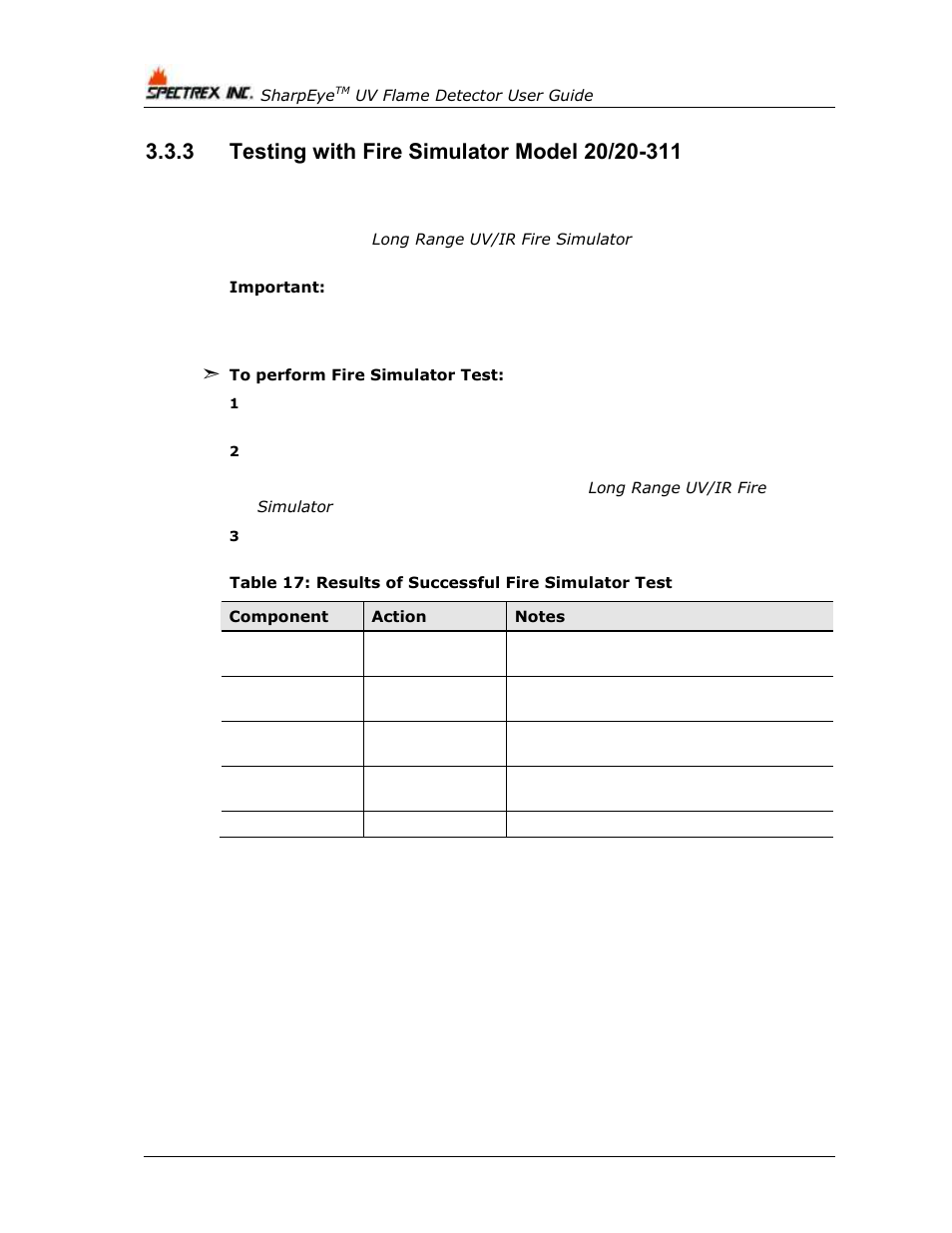 3 testing with fire simulator model 20/20-311, Testing with fire simulator model 20/20-311 | Spectrex 40/40U-UB - UV Flame Detector User Manual | Page 48 / 80