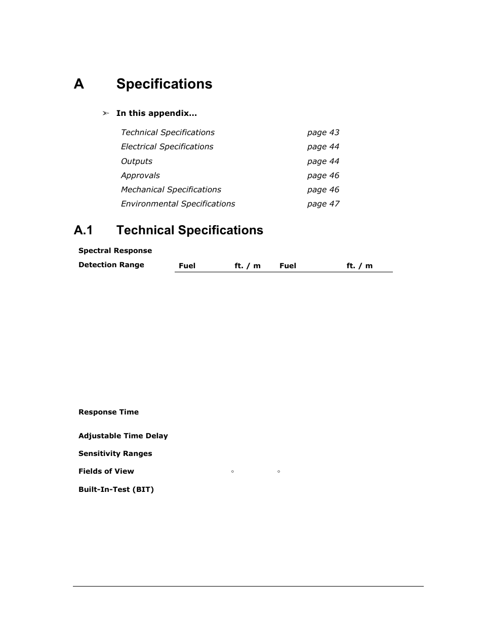 A specifications, Specifications, Technical specifications | Aspecifications, A.1 technical specifications | Spectrex 40/40U-UB - UV Flame Detector User Manual | Page 55 / 80