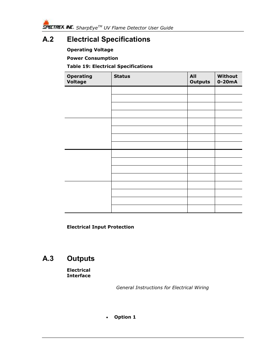 Electrical specifications, Outputs, Table 19: electrical specifications | A.2 electrical specifications, A.3 outputs | Spectrex 40/40U-UB - UV Flame Detector User Manual | Page 56 / 80