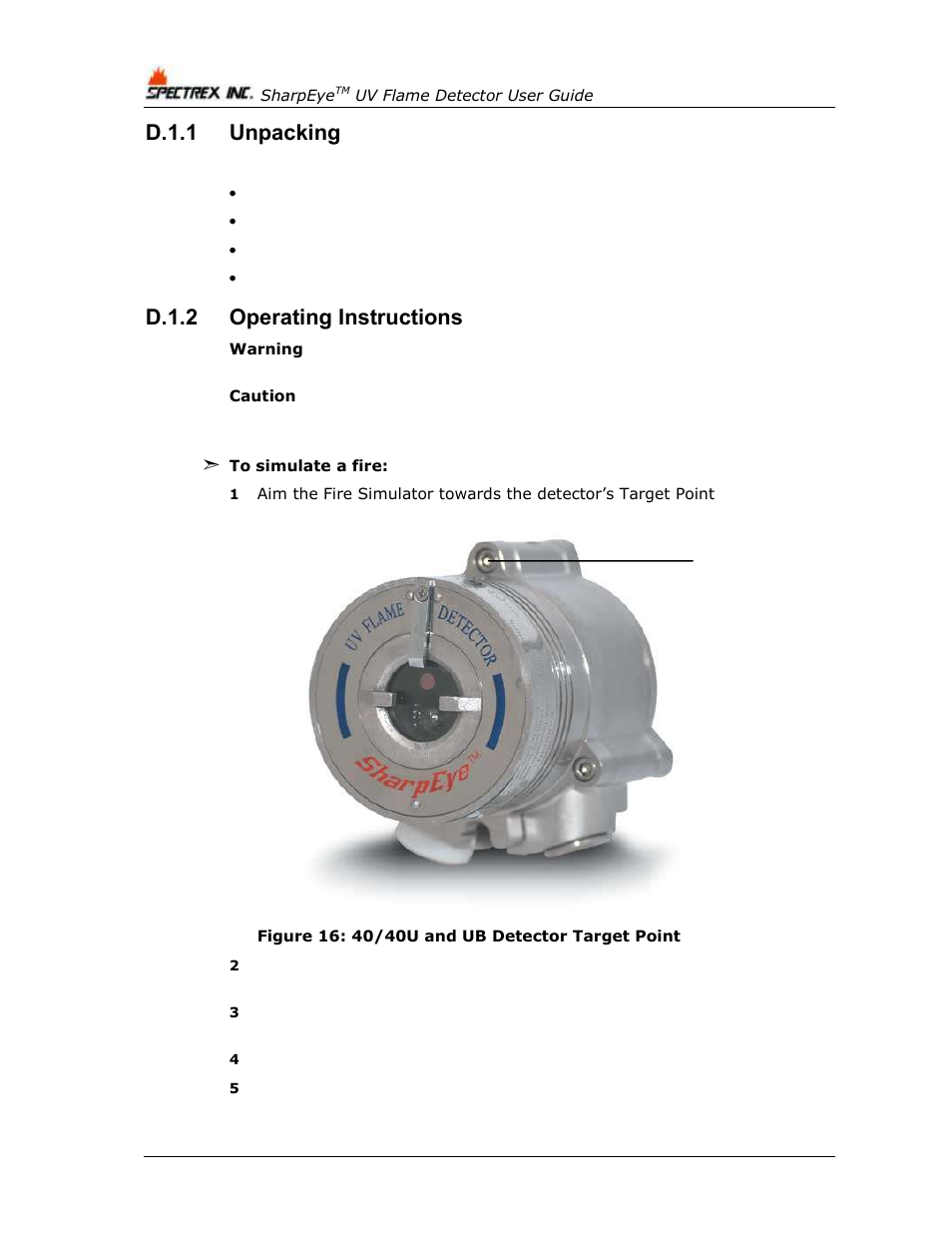 D.1.1, Unpacking, D.1.2 | Operating instructions, Figure 16: 40/40u and ub detector target point, D.1.1 unpacking, D.1.2 operating instructions | Spectrex 40/40U-UB - UV Flame Detector User Manual | Page 70 / 80