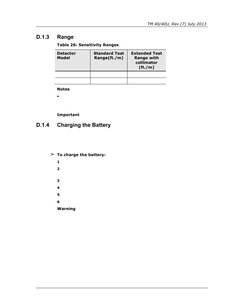 D.1.3, Range, D.1.4 | Charging the battery, Table 26: sensitivity ranges, D.1.3 range, D.1.4 charging the battery | Spectrex 40/40U-UB - UV Flame Detector User Manual | Page 71 / 80