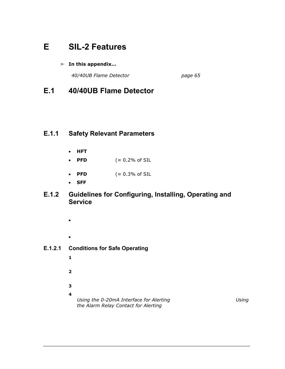 E sil-2 features, E.1.2.1 conditions for safe operating, Sil-2 features | 40/40ub flame detector, E.1.1, Safety relevant parameters, E.1.2, Esil-2 features, E.1.1 safety relevant parameters | Spectrex 40/40U-UB - UV Flame Detector User Manual | Page 77 / 80