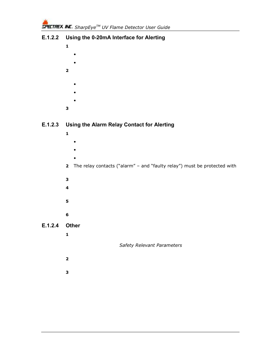 E.1.2.2 using the 0-20ma interface for alerting, E.1.2.3 using the alarm relay contact for alerting, E.1.2.4 other | Using the 0-20ma interface for alerting, Using the alarm relay contact for alerting | Spectrex 40/40U-UB - UV Flame Detector User Manual | Page 78 / 80