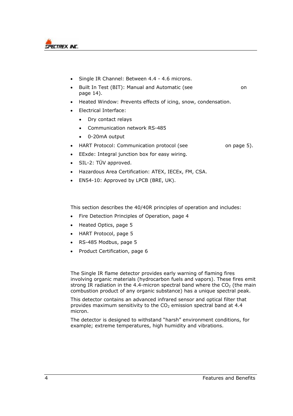 3 features and benefits, 4 principles of operation, 1 fire detection principles of operation | Spectrex 40/40R - Single IR Flame Detector User Manual | Page 16 / 76