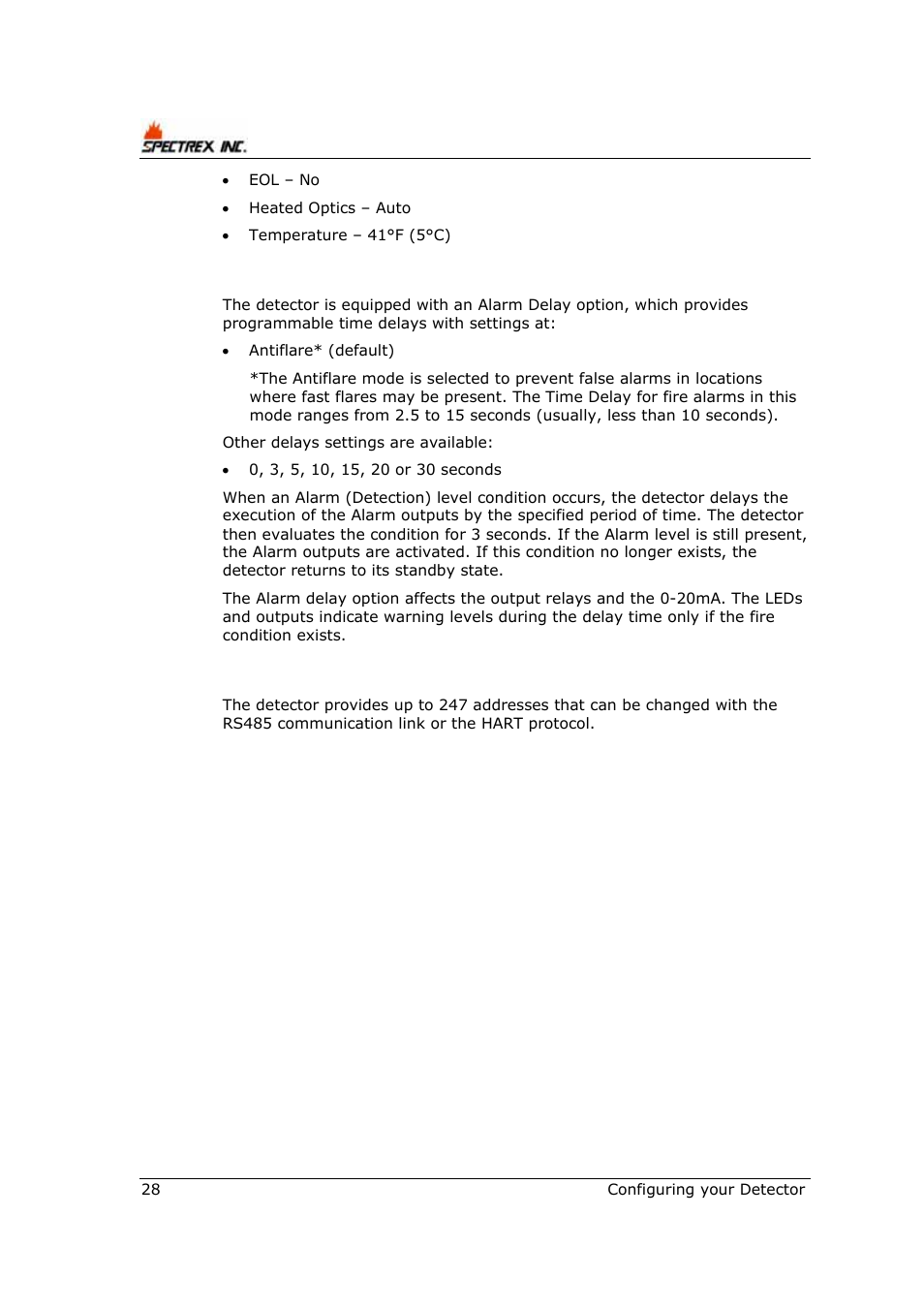 1 alarm delay, 2 address set-up | Spectrex 40/40R - Single IR Flame Detector User Manual | Page 40 / 76