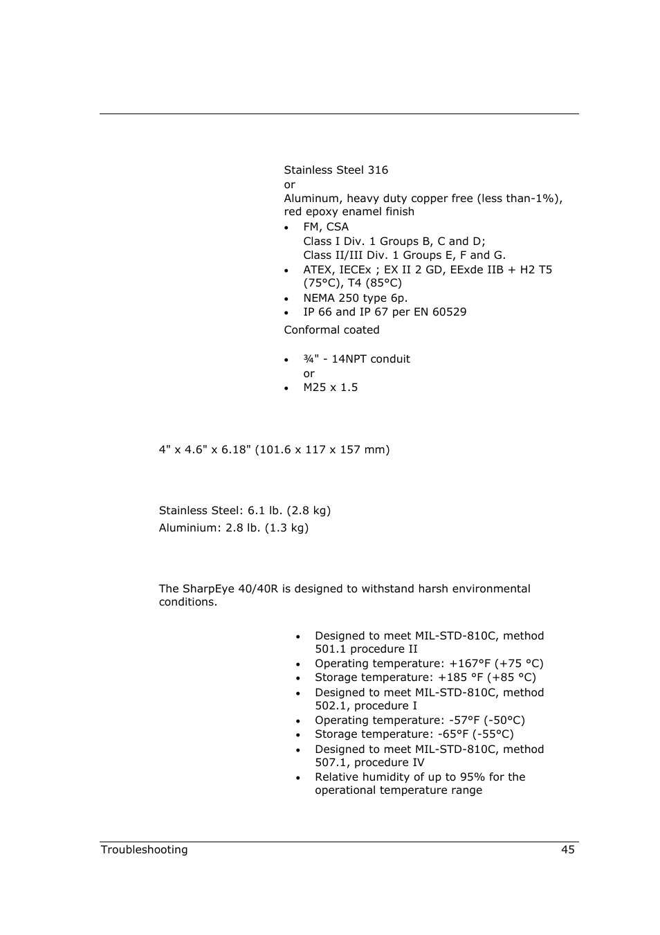 A.4 mechanical specifications, A.5 dimensions, A.6 weight | A.7 environmental specifications | Spectrex 40/40R - Single IR Flame Detector User Manual | Page 57 / 76