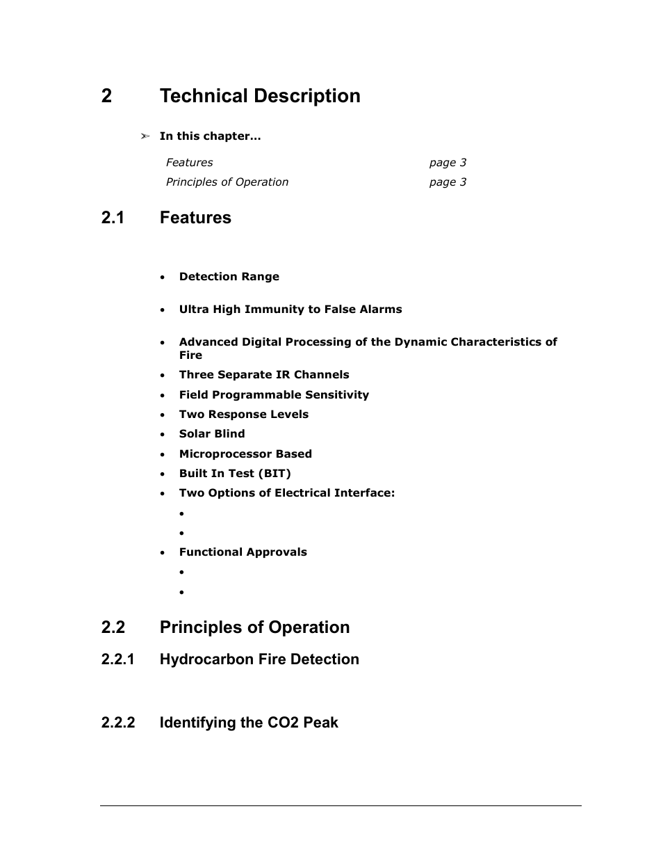 2 technical description, 1 features, 2 principles of operation | 1 hydrocarbon fire detection, 2 identifying the co2 peak, Technical description, Features, Principles of operation, Hydrocarbon fire detection, Identifying the co2 peak | Spectrex 20/20MPI - Commercial IR3 Flame Detector User Manual | Page 15 / 62