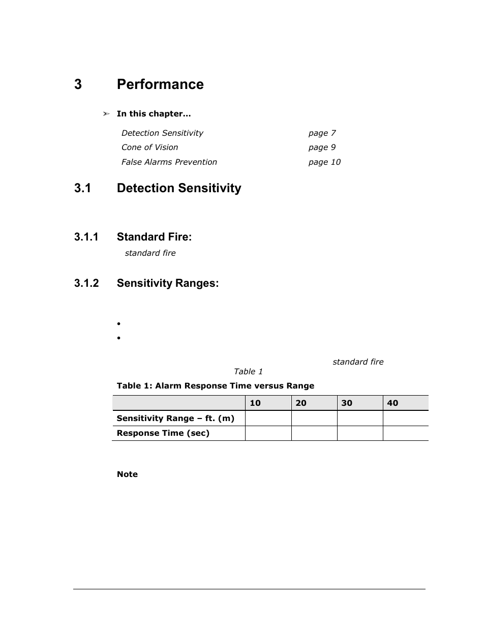 3 performance, 1 detection sensitivity, 1 standard fire | 2 sensitivity ranges, Performance, Detection sensitivity, Standard fire, Sensitivity ranges, Table 1: alarm response time versus range, 3performance | Spectrex 20/20MPI - Commercial IR3 Flame Detector User Manual | Page 19 / 62