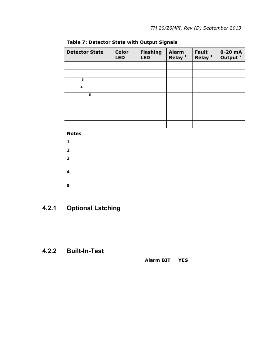 1 optional latching, 2 built-in-test, Optional latching | Built-in-test, Table 7: detector state with output signals | Spectrex 20/20MPI - Commercial IR3 Flame Detector User Manual | Page 27 / 62