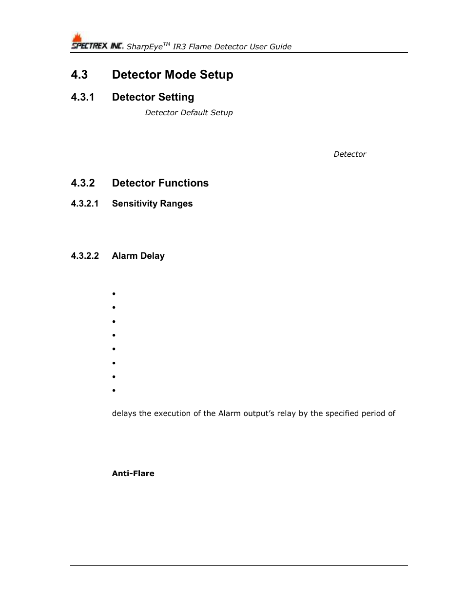 3 detector mode setup, 1 detector setting, 2 detector functions | 1 sensitivity ranges, 2 alarm delay, Detector mode setup, Detector setting, Detector functions | Spectrex 20/20MPI - Commercial IR3 Flame Detector User Manual | Page 28 / 62