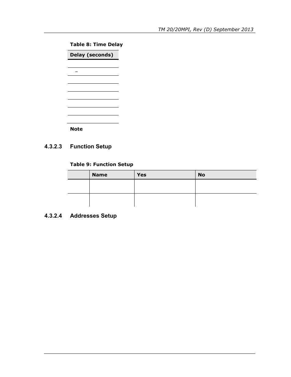 3 function setup, 4 addresses setup, Table 8: time delay | Table 9: function setup | Spectrex 20/20MPI - Commercial IR3 Flame Detector User Manual | Page 29 / 62