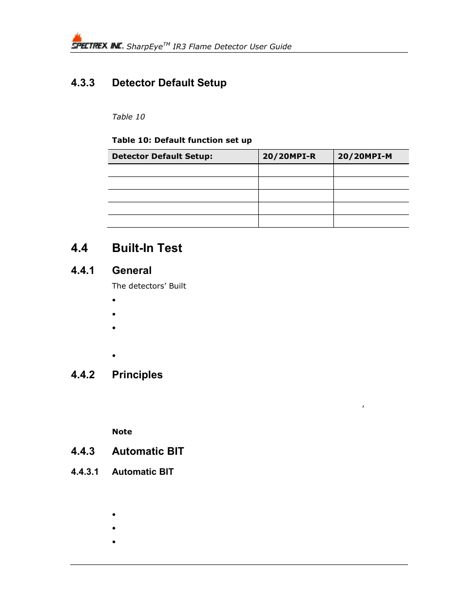 3 detector default setup, 4 built-in test, 1 general | 2 principles, 3 automatic bit, 1 automatic bit, Detector default setup, Built-in test, General, Principles | Spectrex 20/20MPI - Commercial IR3 Flame Detector User Manual | Page 30 / 62