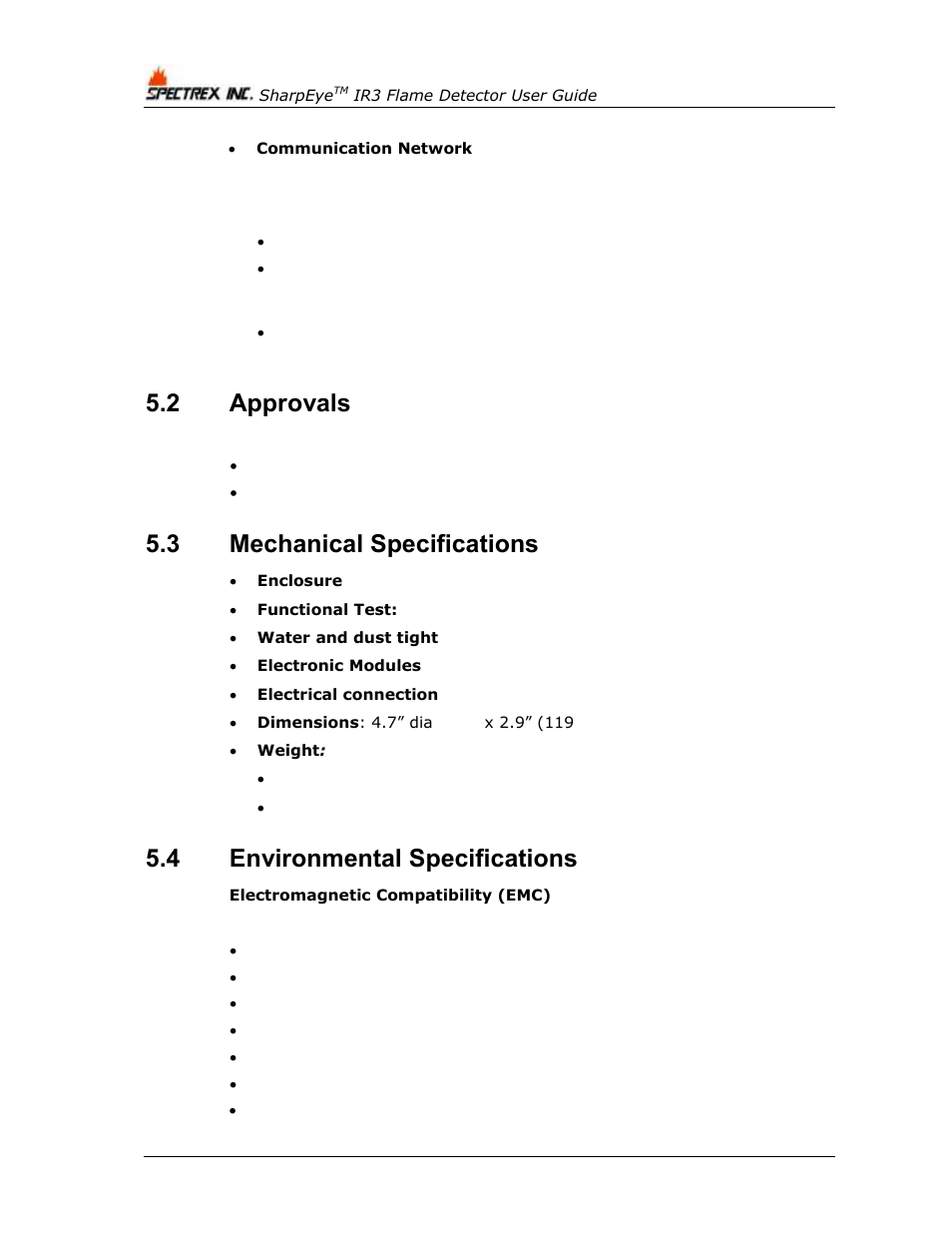 2 approvals, 3 mechanical specifications, 4 environmental specifications | Approvals, Mechanical specifications, Environmental specifications | Spectrex 20/20MPI - Commercial IR3 Flame Detector User Manual | Page 34 / 62