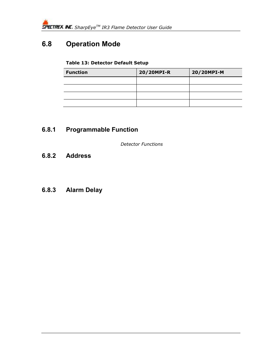 8 operation mode, 1 programmable function, 2 address | 3 alarm delay, Operation mode, Programmable function, Address, Alarm delay, Table 13: detector default setup | Spectrex 20/20MPI - Commercial IR3 Flame Detector User Manual | Page 42 / 62