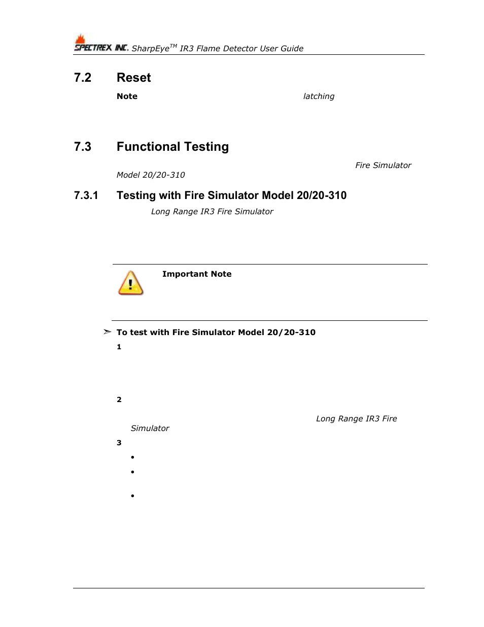 2 reset, 3 functional testing, 1 testing with fire simulator model 20/20-310 | Reset, Functional testing, Testing with fire simulator model 20/20-310, E 32 | Spectrex 20/20MPI - Commercial IR3 Flame Detector User Manual | Page 44 / 62