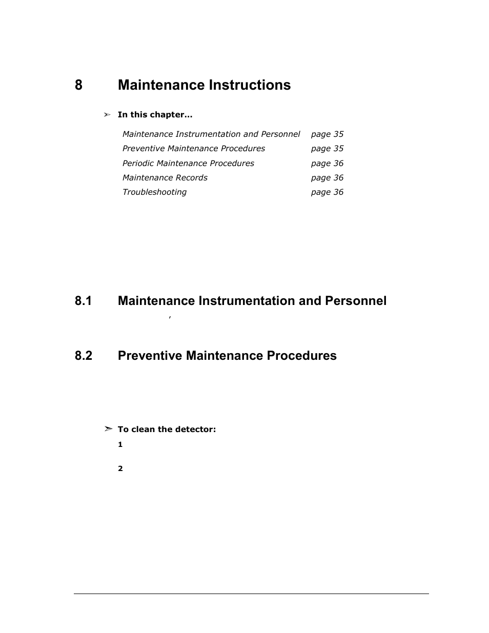 8 maintenance instructions, 1 maintenance instrumentation and personnel, 2 preventive maintenance procedures | Maintenance instructions, Maintenance instrumentation and personnel, Preventive maintenance procedures, 8maintenance instructions | Spectrex 20/20MPI - Commercial IR3 Flame Detector User Manual | Page 47 / 62