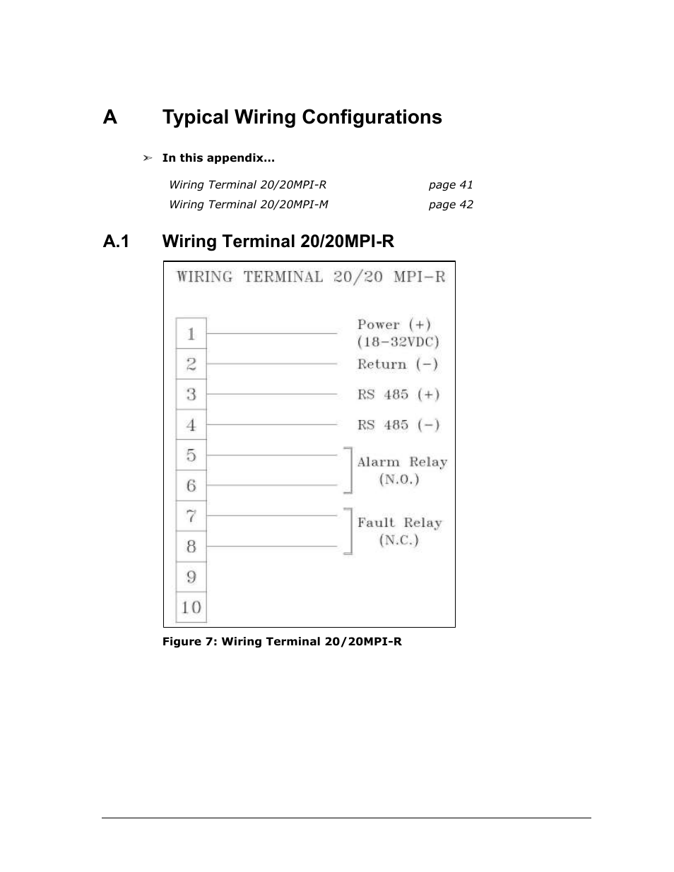 A typical wiring configurations, Typical wiring configurations, Wiring terminal 20/20mpi-r | Figure 7: wiring terminal 20/20mpi-r, Figure 7, Atypical wiring configurations | Spectrex 20/20MPI - Commercial IR3 Flame Detector User Manual | Page 53 / 62