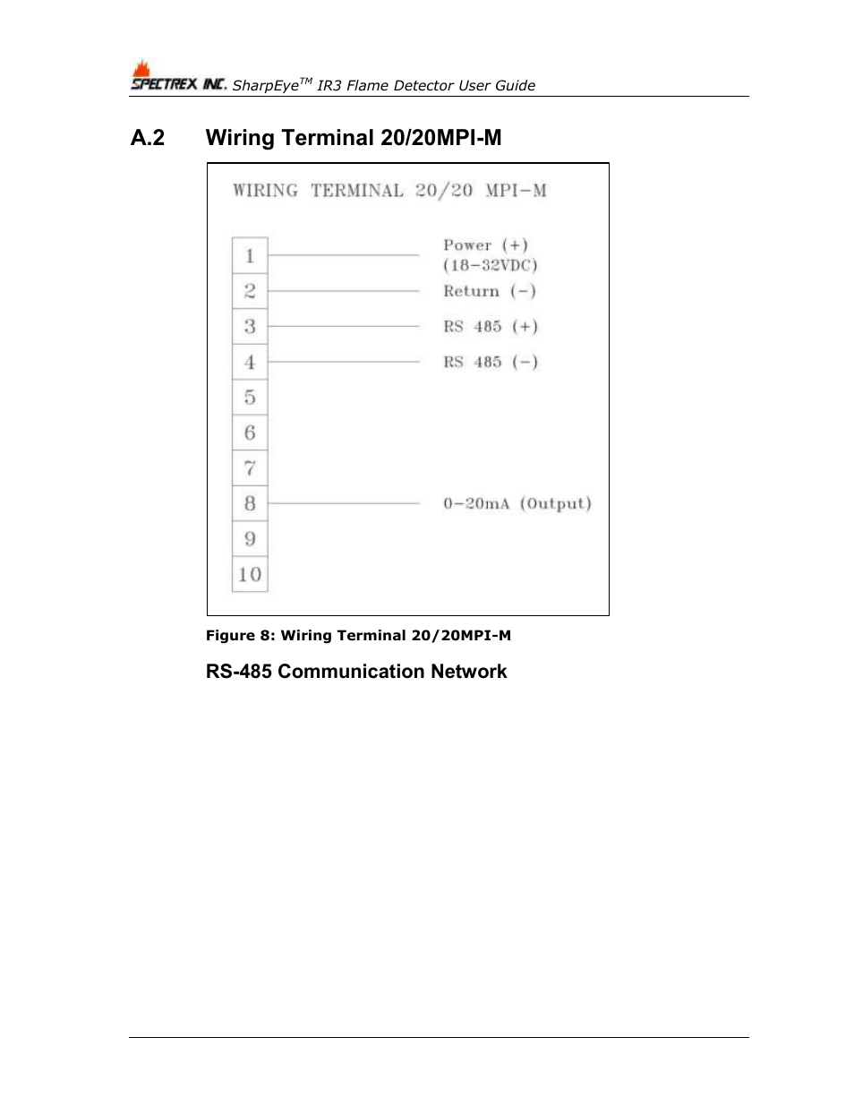 3 rs-485 communication network, Wiring terminal 20/20mpi-m, Rs-485 communication network | Figure 8: wiring terminal 20/20mpi-m | Spectrex 20/20MPI - Commercial IR3 Flame Detector User Manual | Page 54 / 62