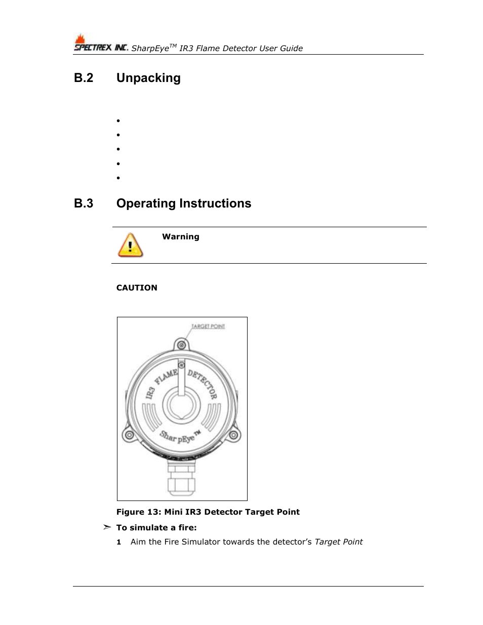 Unpacking, Operating instructions, Figure 13: mini ir3 detector target point | B.2 unpacking, B.3 operating instructions | Spectrex 20/20MPI - Commercial IR3 Flame Detector User Manual | Page 58 / 62