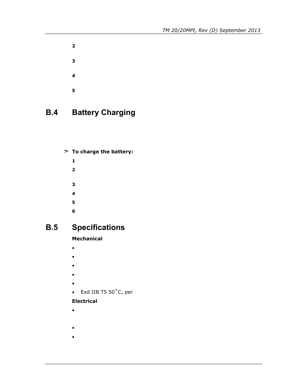 Battery charging, Specifications, B.4 battery charging | B.5 specifications | Spectrex 20/20MPI - Commercial IR3 Flame Detector User Manual | Page 59 / 62