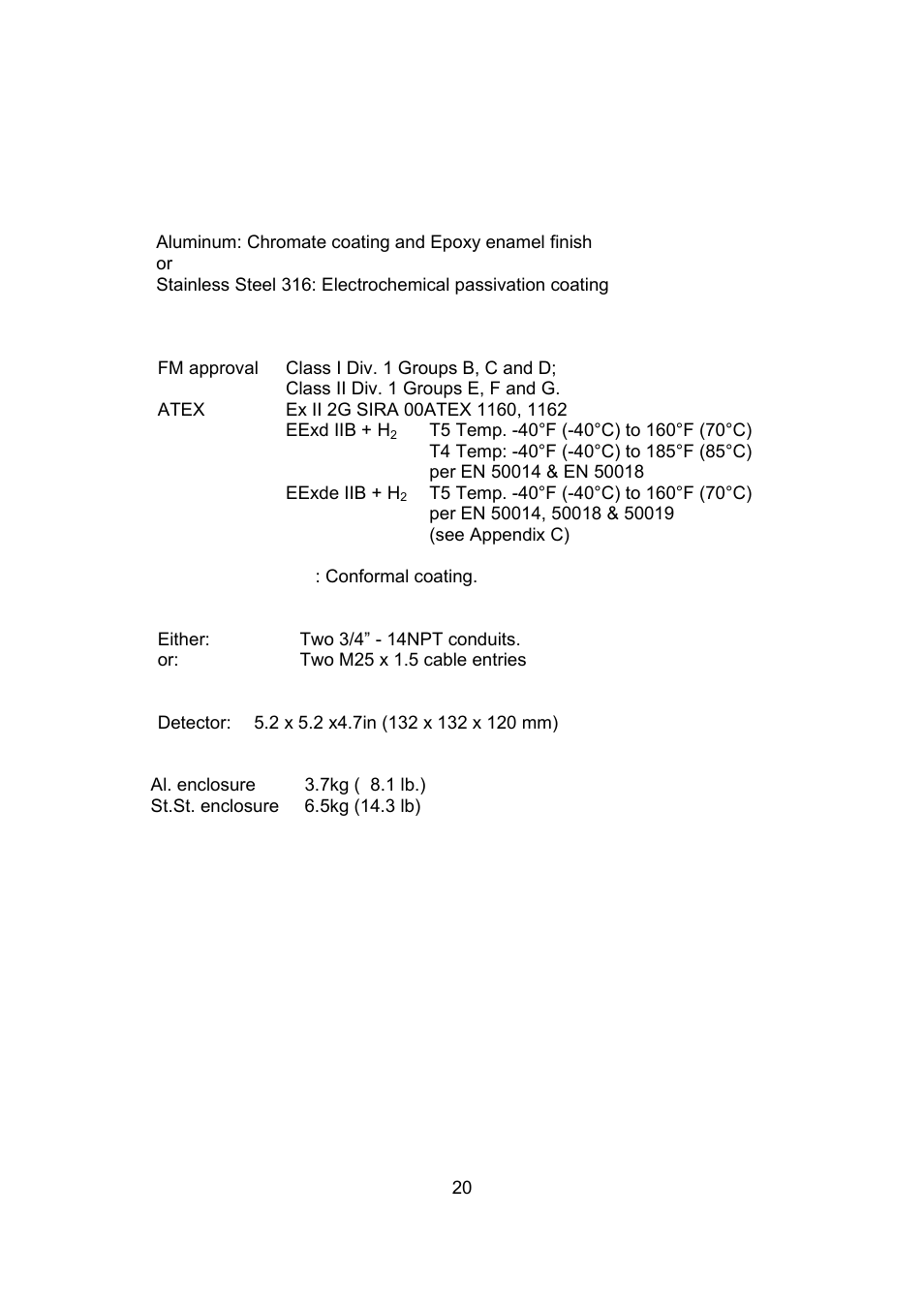 2 mechanical specifications | Spectrex 20/20L (LB) - UV/IR Flame Detector User Manual | Page 28 / 59