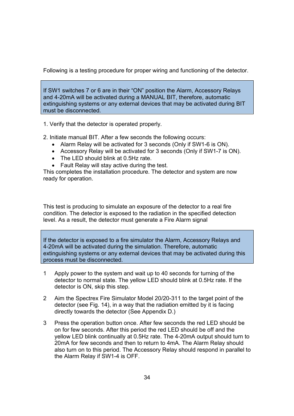 4 functional testing, 5 testing with fire simulator (see appendix d) | Spectrex 20/20L (LB) - UV/IR Flame Detector User Manual | Page 42 / 59