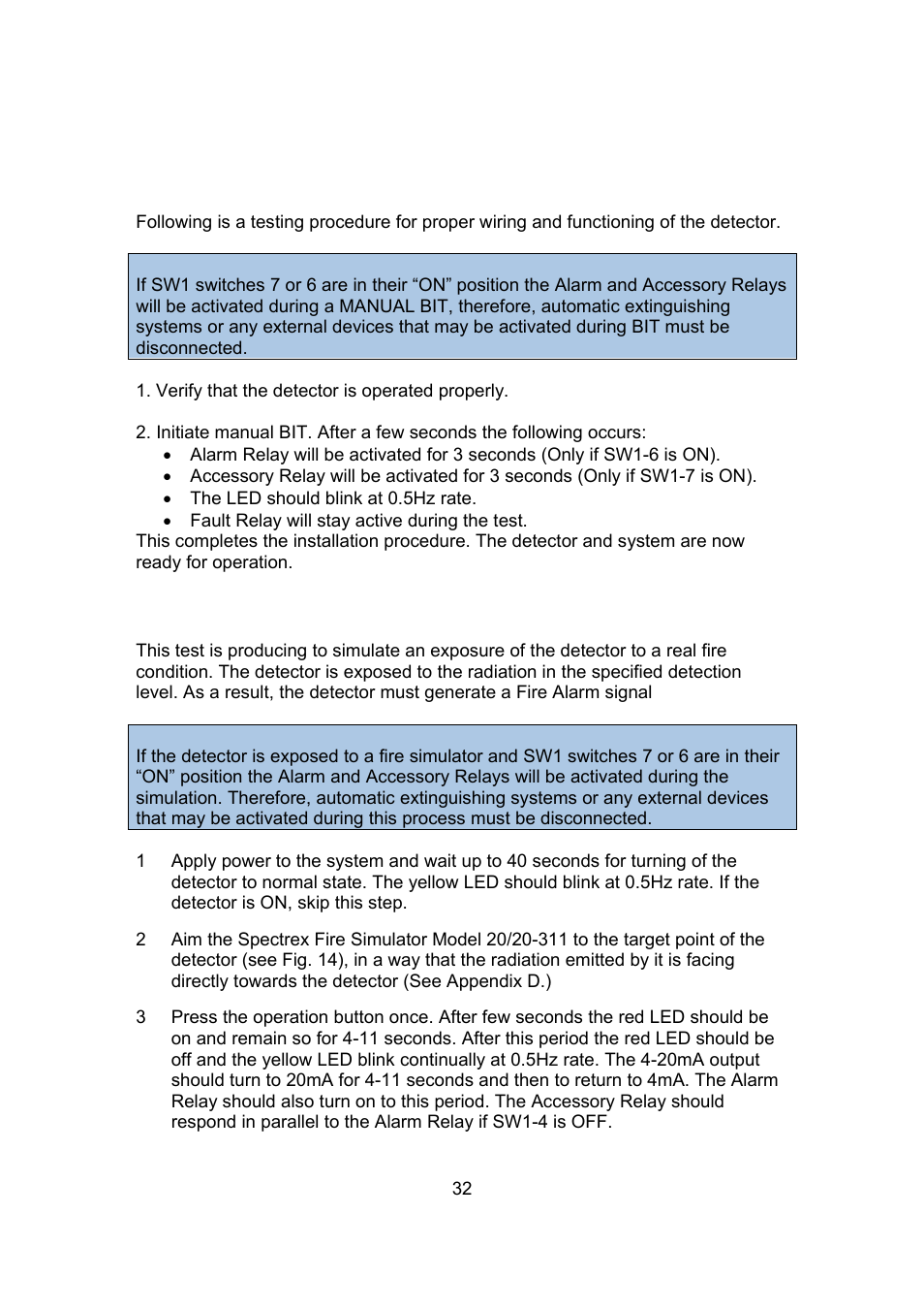 4 functional testing, 5 testing with fire simulator (see appendix d) | Spectrex 20/20U (UB) - UV Flame Detector User Manual | Page 40 / 57