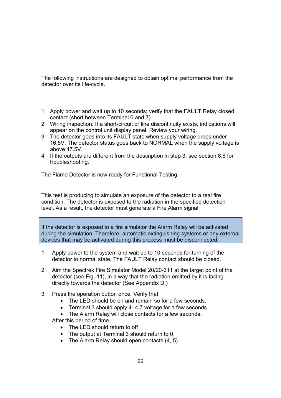 Operating instructions, 1 scope, 2 power-up | 3 testing with fire simulator (see appendix d) | Spectrex 20/20F - Fast UV/IR Flame Detector User Manual | Page 28 / 45