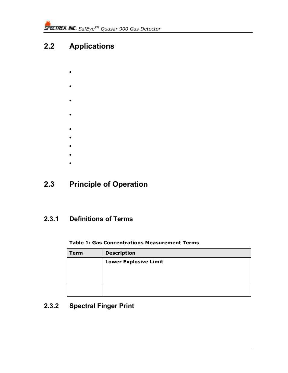 2 applications, 3 principle of operation, 1 definitions of terms | 2 spectral finger print, Applications, Principle of operation, Definitions of terms, Spectral finger print, Table 1: gas concentrations measurement terms | Spectrex Quasar 900 Open-Path Gas Detection System User Manual | Page 16 / 72